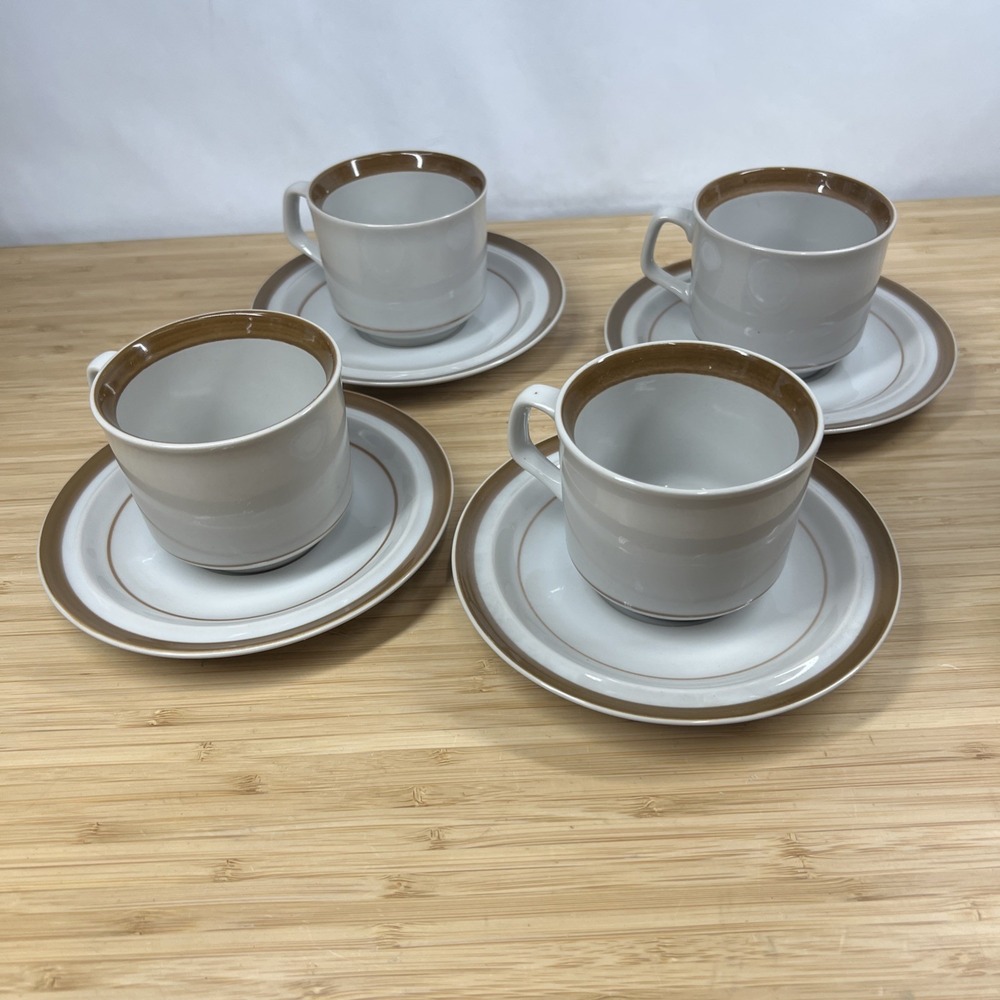 Vintage MI Monterrey Stoneware Brown Band Japan‎ 4 Coffee Mugs & 4 Saucers